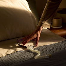 Load image into Gallery viewer, Person's hand reaching towards a glass bottle on a bed with soft lighting
