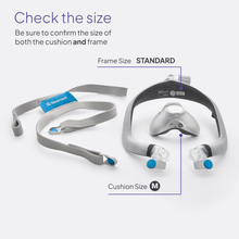 Load image into Gallery viewer, Nasal pillow CPAP device with labeled frame and cushion sizes on a white background
