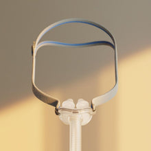 Load image into Gallery viewer, A medical nasal oxygen concentrator mask with a white and blue headband, shown against a warm beige background with soft sunlight casting shadows.

